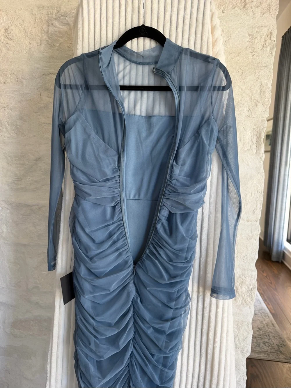 Lulu's Sheer Ruched Maxi Dress in Dusty Blue - Picture 3 of 4